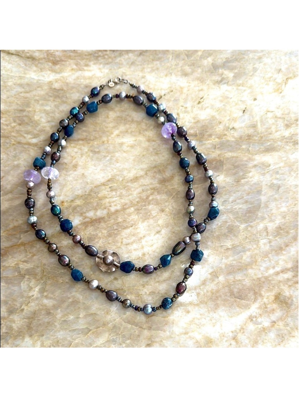 TICA ROSA Sophisticated Blue and Silver Pearl Crystal Sterling Beaded Necklace